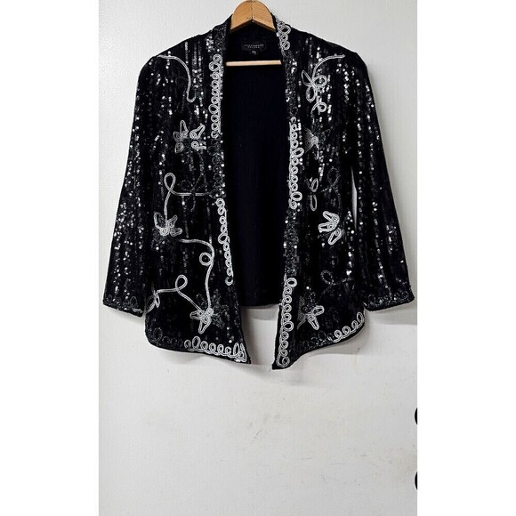INVESTMENTS Petite Black Sequin Long Sleeve Open Front Women Cardigan Jacket (M) - Picture 1 of 5